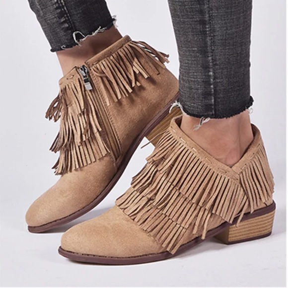 LAST 1!Fringe Bohemian Vegan Suede Tan Ankle Boots - Picture 2 of 12